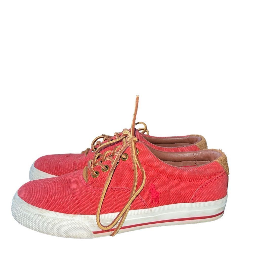 Polo Ralph Lauren Vaughn retro red burlap & brown suede sneakers men's size 7.5D
